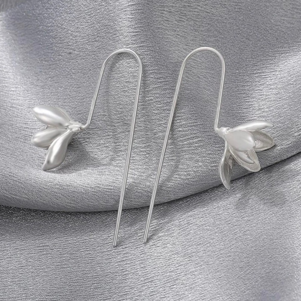 “Blodeuwedd” Orchid Flower Sculpted Feminine Silver Ear Pin Hook Threader Dangle - Picture 5 of 16